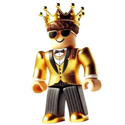 A 3D Roblox character dressed in luxurious golden attire, wearing a shiny crown and sunglasses, exuding confidence and wealth, perfect for Roblox-themed content and gaming aesthetics